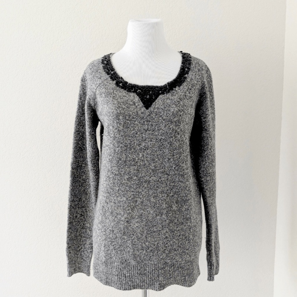 J Crew Lambswool Sweater Size Small Gray Boyfriend Black Sequin